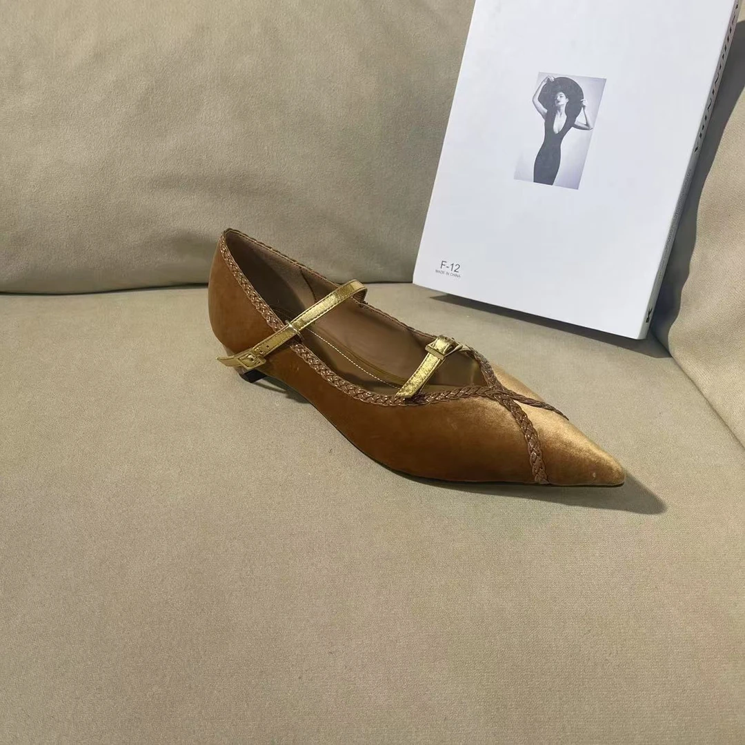 1096【豆蔻】春款真丝绒气质尖头法式编织低跟浅口纯手工单鞋A【2cm】