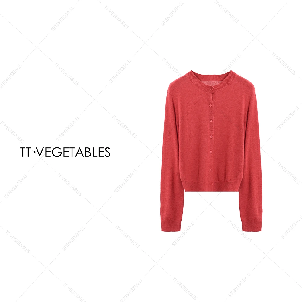 TT・VEGETABLES【序白】红沫 羊毛混纺纯色毛针织衫单排扣开衫521297