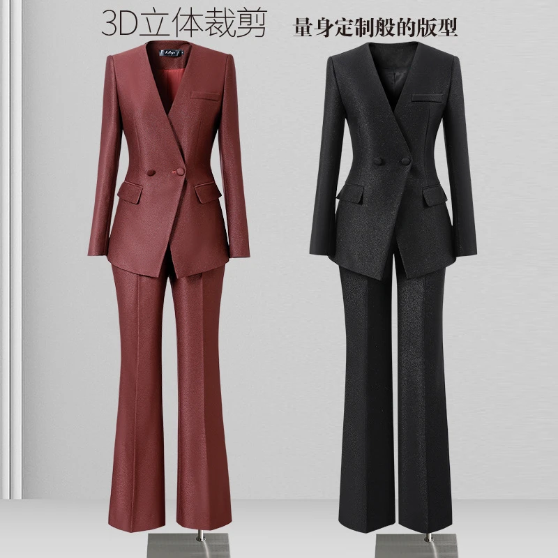 安可拉红无领西装套装女春秋商务办公室通勤干练年会职业西服外套