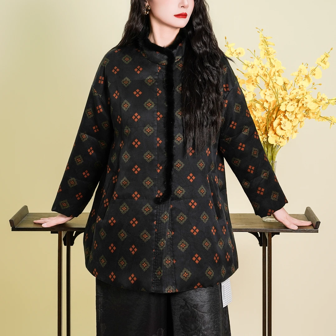 【驼绒服-复古老钱】2025新款冬季长款大码香云纱驼绒服