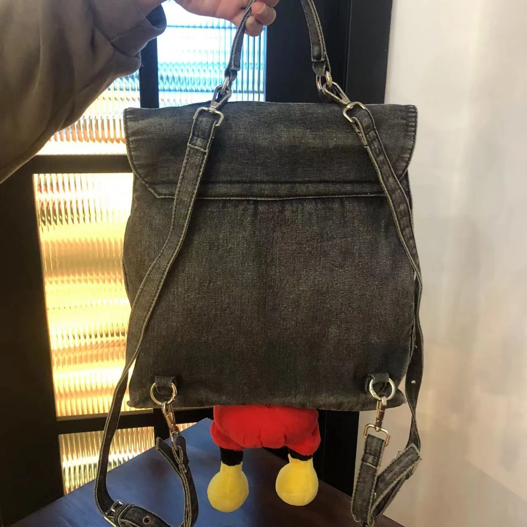 李老板专属*双肩包丹宁牛皮时尚牛仔米奇女士复古双肩包百搭黑色