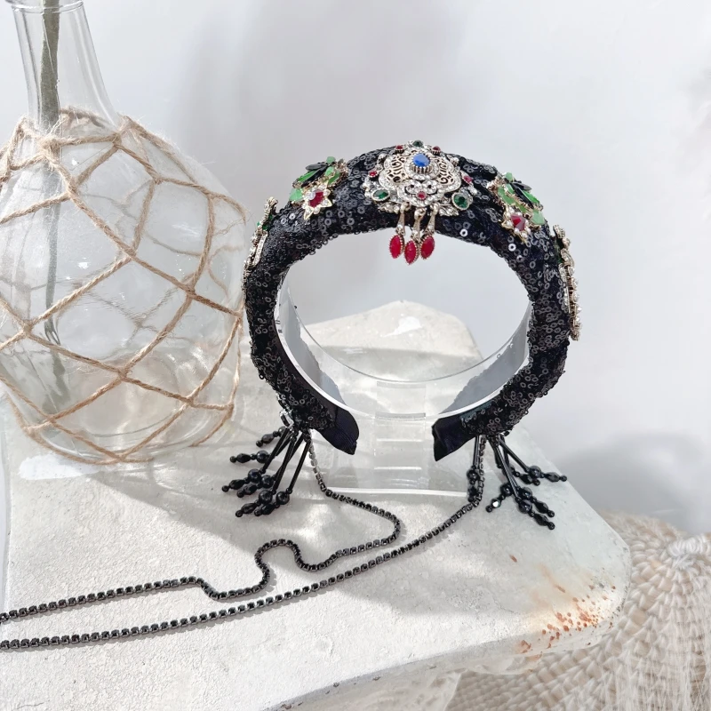 CREAMPP 原创重工民族风前额滴油合金吊坠亮片编织宽发箍流苏发饰