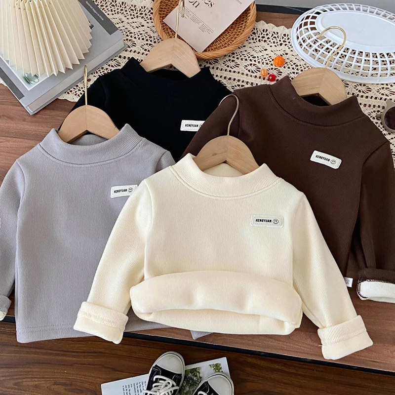 儿童加绒打底男童女童长袖半高领加厚洋气冬季上衣