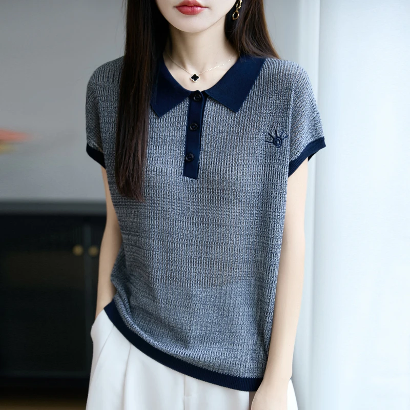 【显瘦减龄】100莱赛尔天丝POLO领针织衫女士套头刺绣上衣T恤559