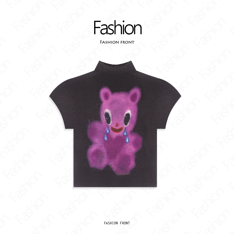 黑紫小熊印花半高领短袖t恤女夏y2k美式褶皱弹力紧身上衣KI-1301