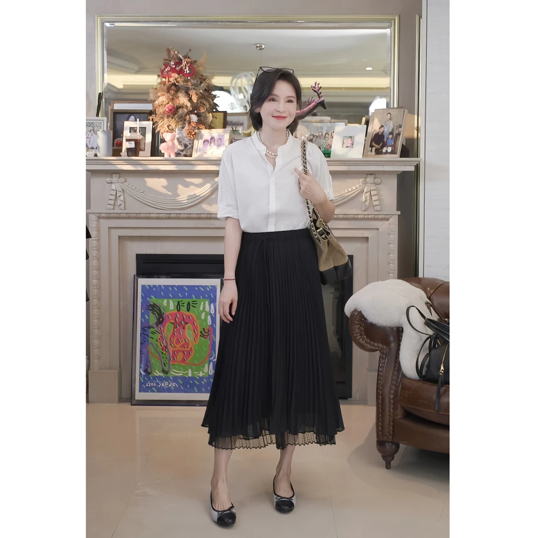 我是摩羯 花瓣裙 珍珠雪纺立体压褶抽绳松紧腰夏赫本百褶网纱半裙