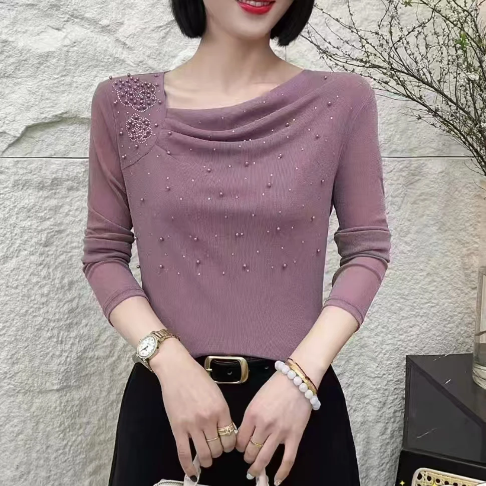 网纱重工烫钻女内搭2025春季外穿长袖T恤小衫蕾丝显瘦弹力