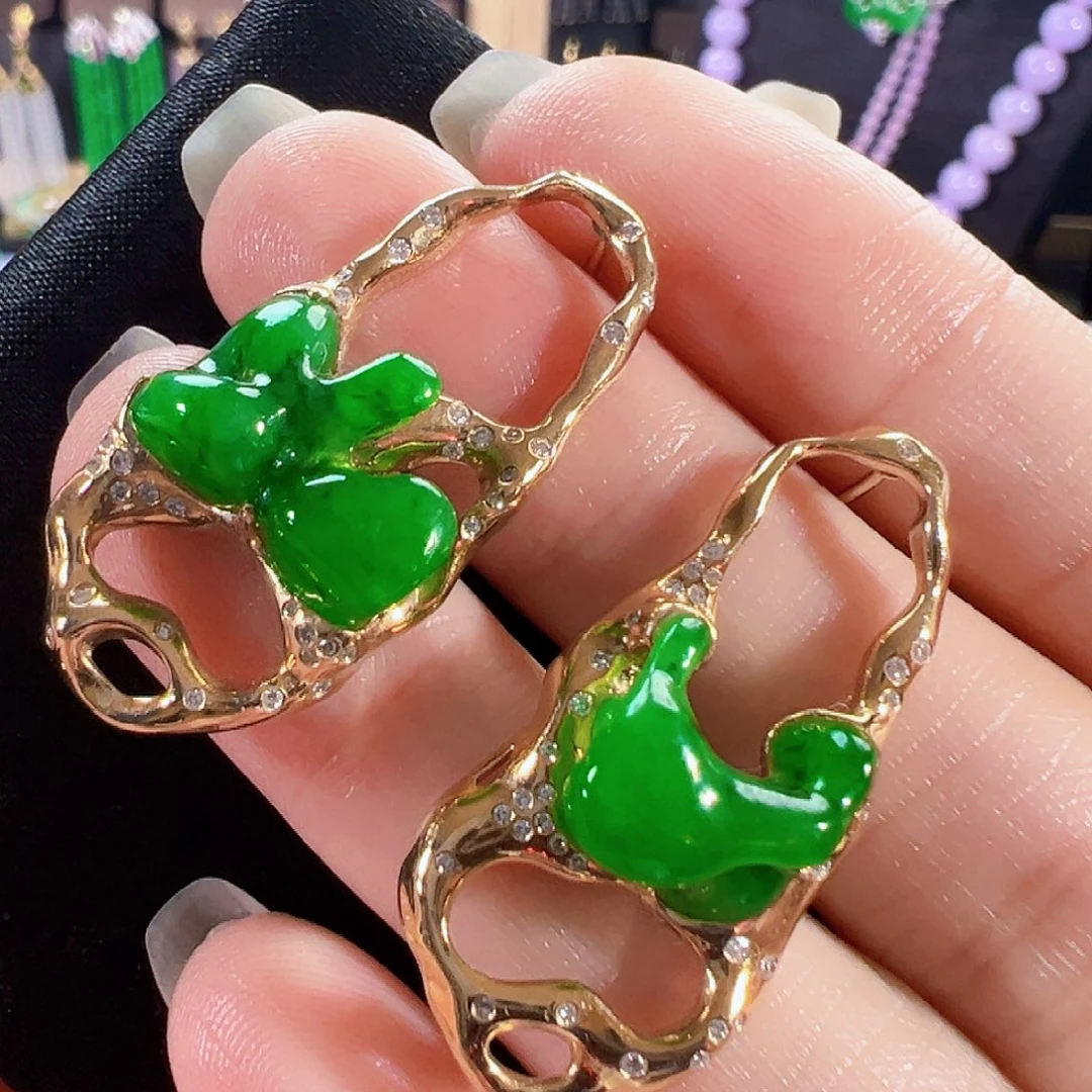 翡翠18K金镶嵌耳饰签收后24小时鉴赏期