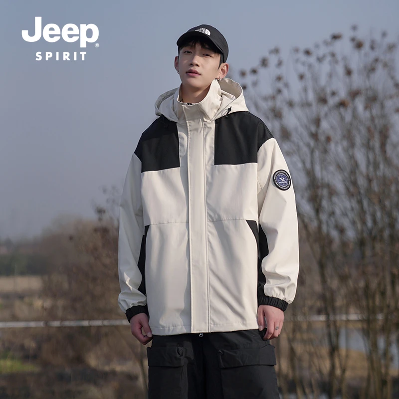 JEEPSPIRIT吉普春秋款户外防风冲锋衣男女同款休闲宽松潮流连帽衣