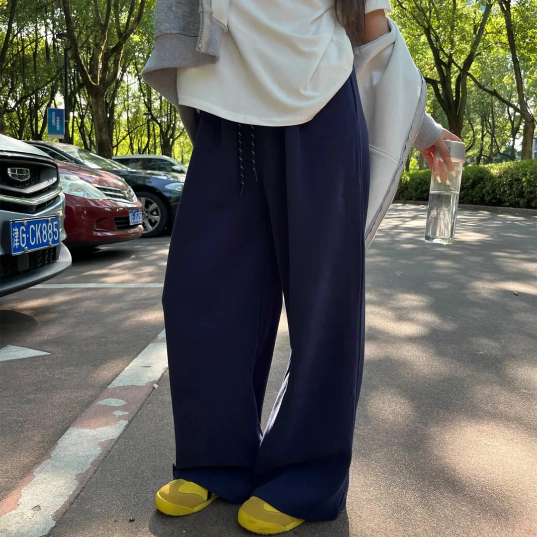 藏蓝色阔腿裤2025新款大码胖mm显瘦裤子女款宽松休闲直筒运动卫裤
