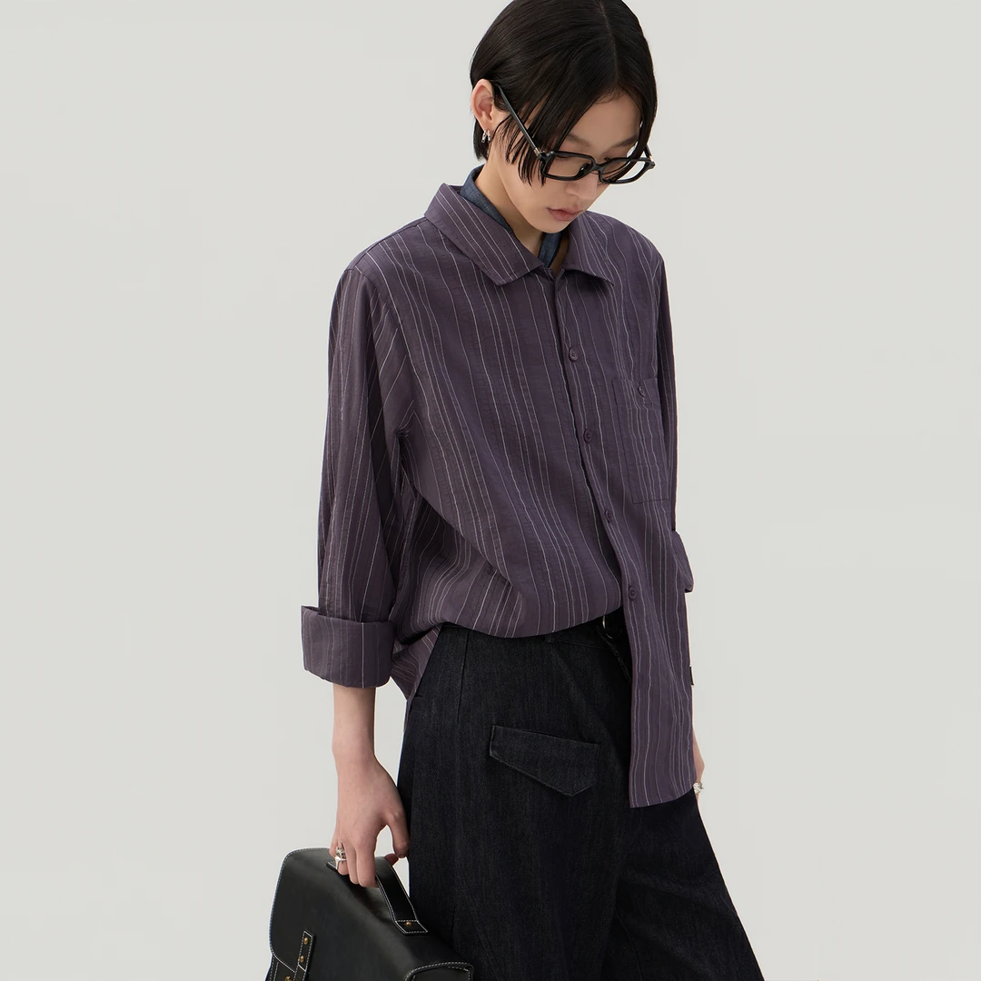 SAMEUOO散养文化「紫姬」莫代尔混纺条纹长袖衬衫可外穿内搭衬衣