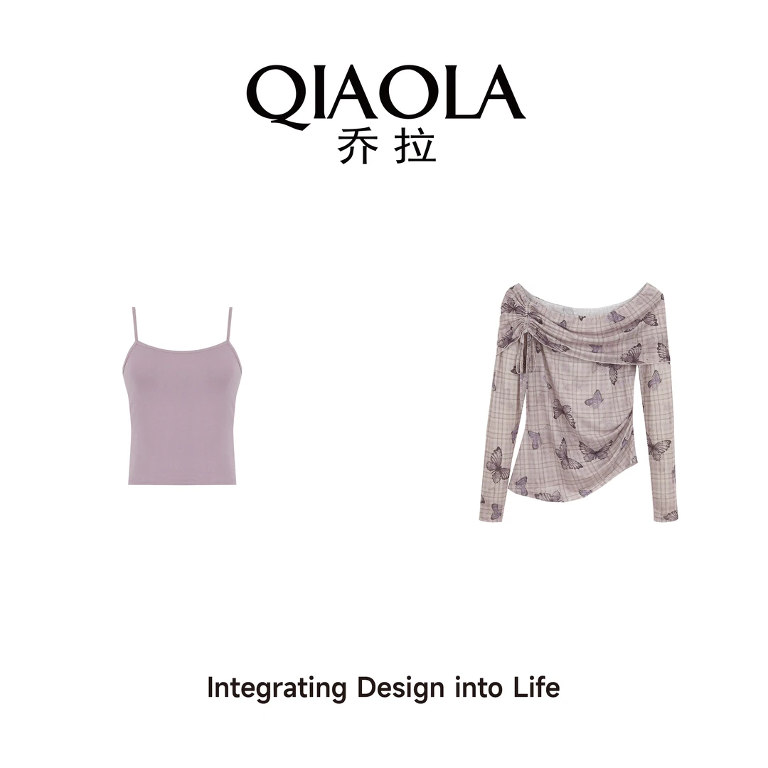 QIAOLA/乔拉【幽蝶朦胧】春夏针织印花透气一字肩设计百搭套装预售