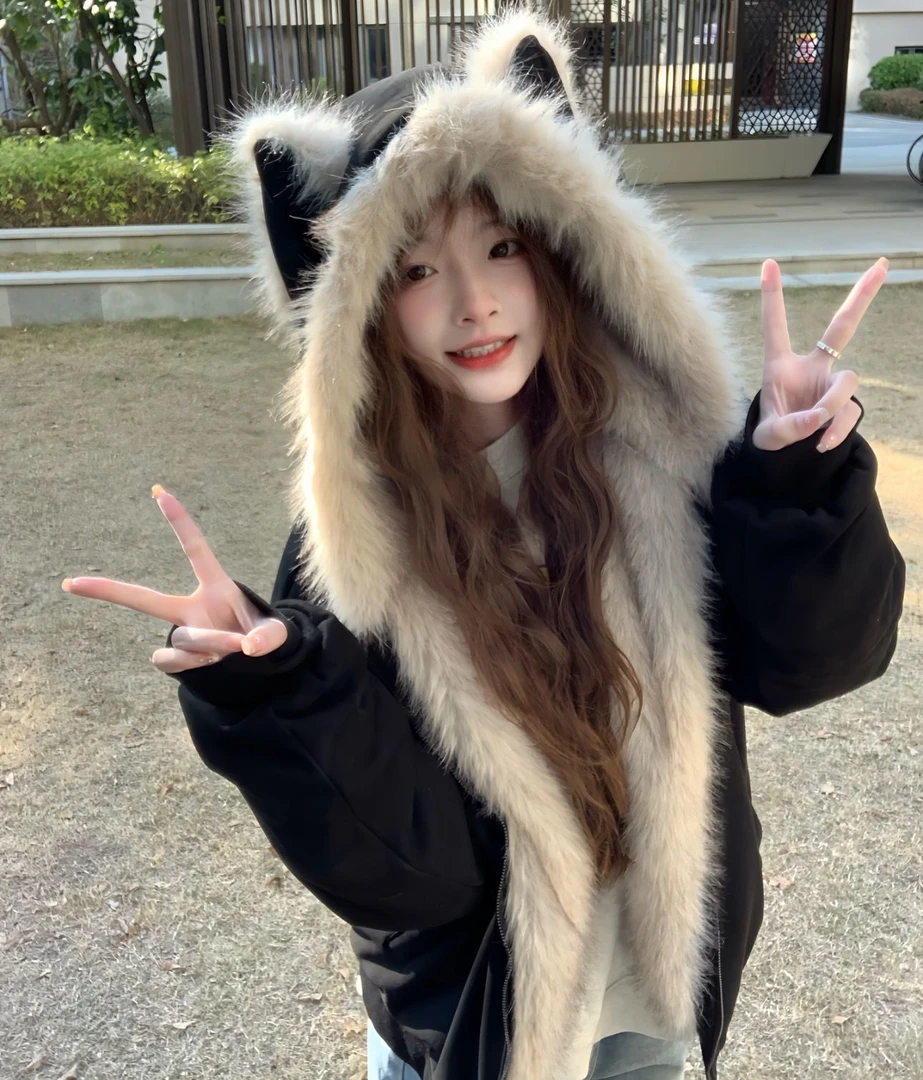 棉服女冬季韩版宽松保暖时尚休闲百搭加厚大毛领拉链连帽棉袄外套