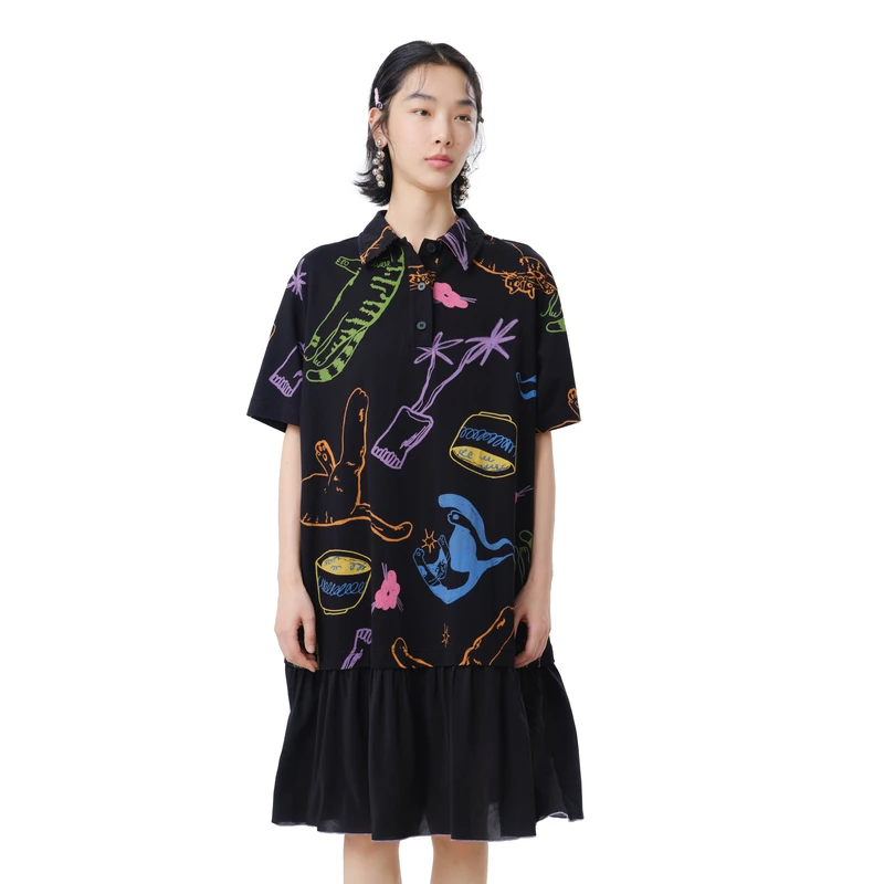 MOVEUP幻走2025夏季新款.FUN polo领印花黑色针织连衣裙325211363