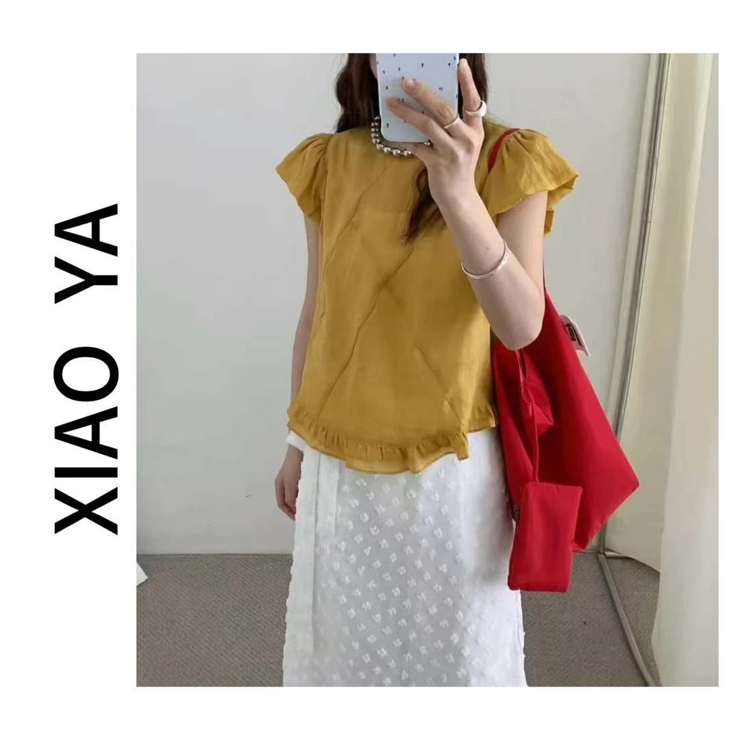 9818夏季新款韩系线条感拼花边显瘦百搭上衣