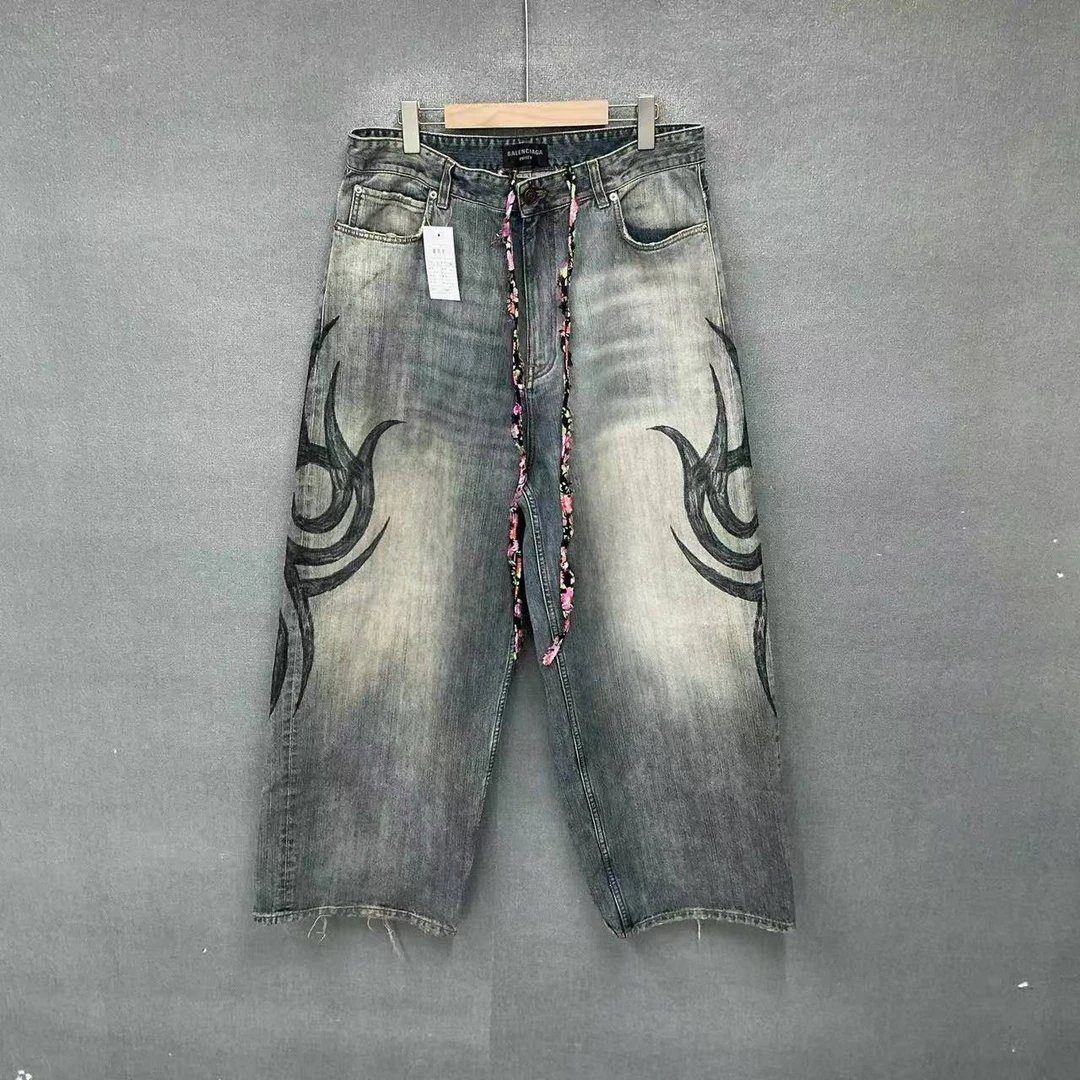 99新 Balenciaga/巴黎世家 (pm) 龙纹图腾抽绳做旧牛仔裤M码/3093