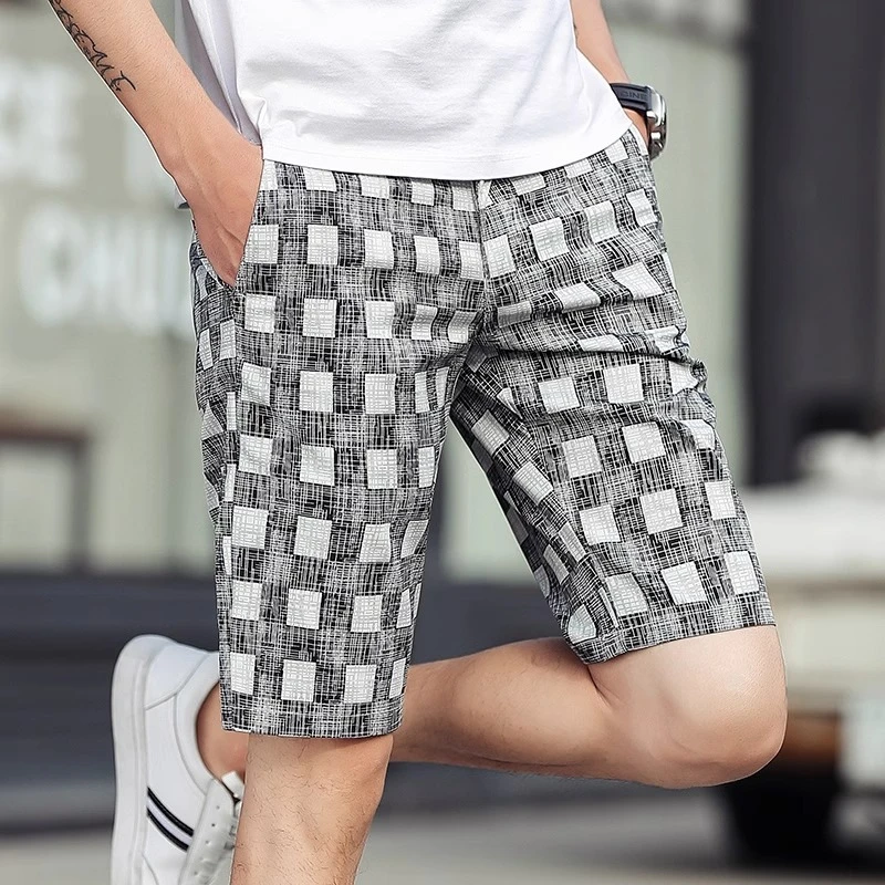 夏季短裤男新款夏天裤子休闲中裤个性格子男士潮流修身五分裤百搭