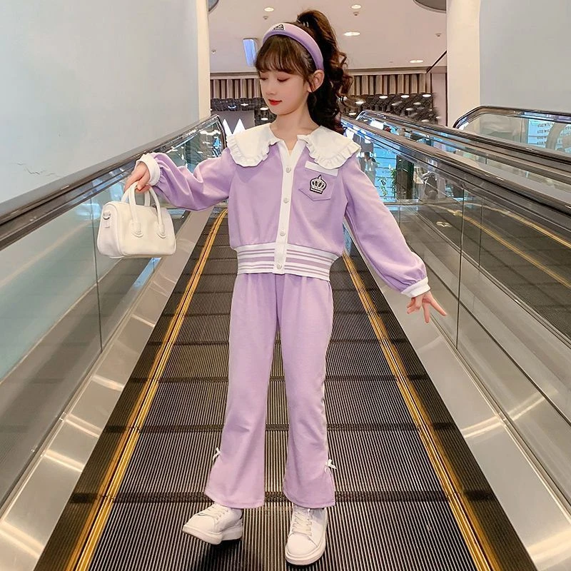 女童运动套装春秋款新款2025洋气时髦儿童女孩娃娃领小香风两件套