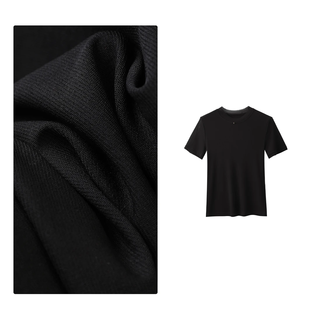 B 门店24&9！黑雾T恤」设计感假两件高弹纱正肩显瘦短袖上衣 C22122