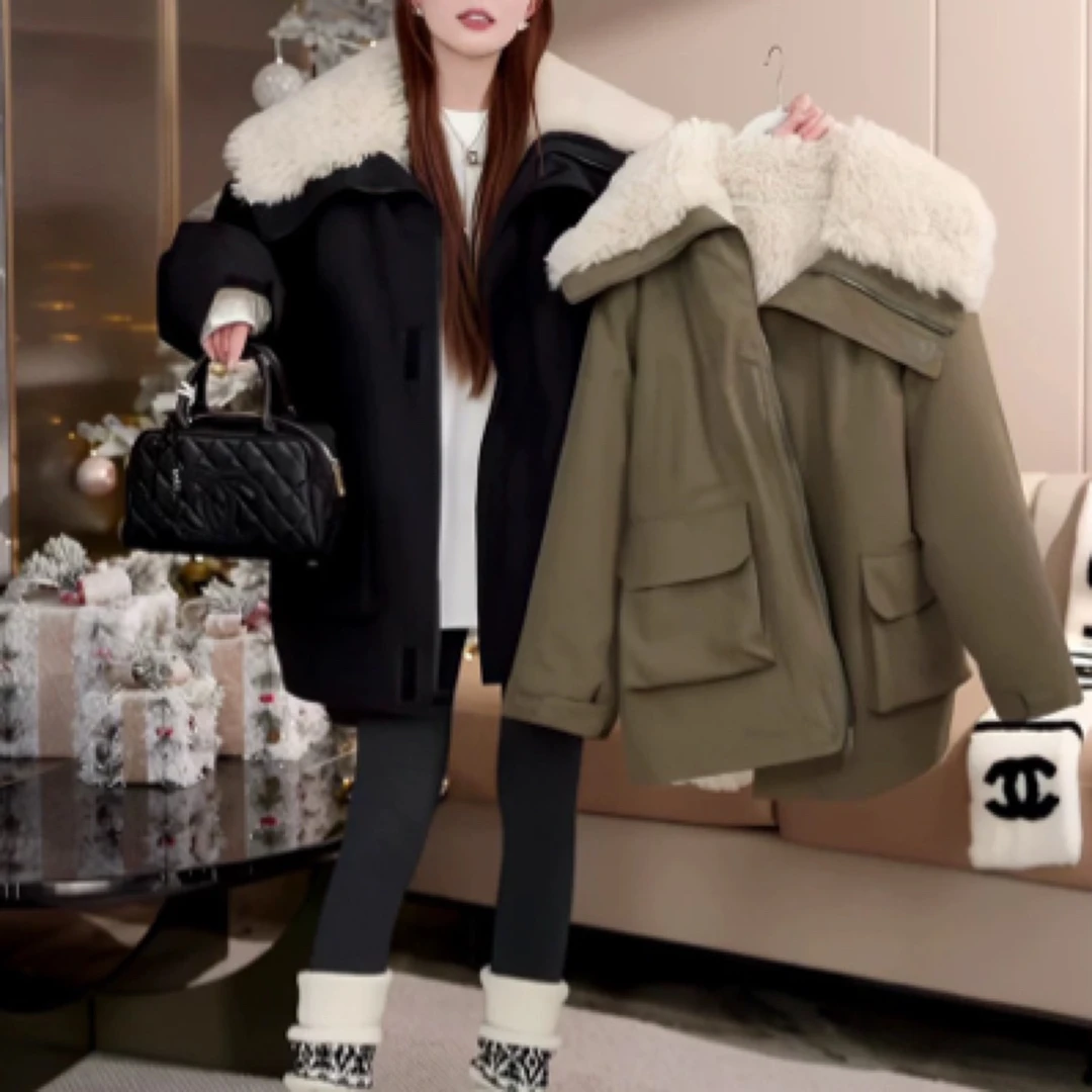 露思同款毛毛派克服女2024冬季新款韩系加厚大翻领外套潮