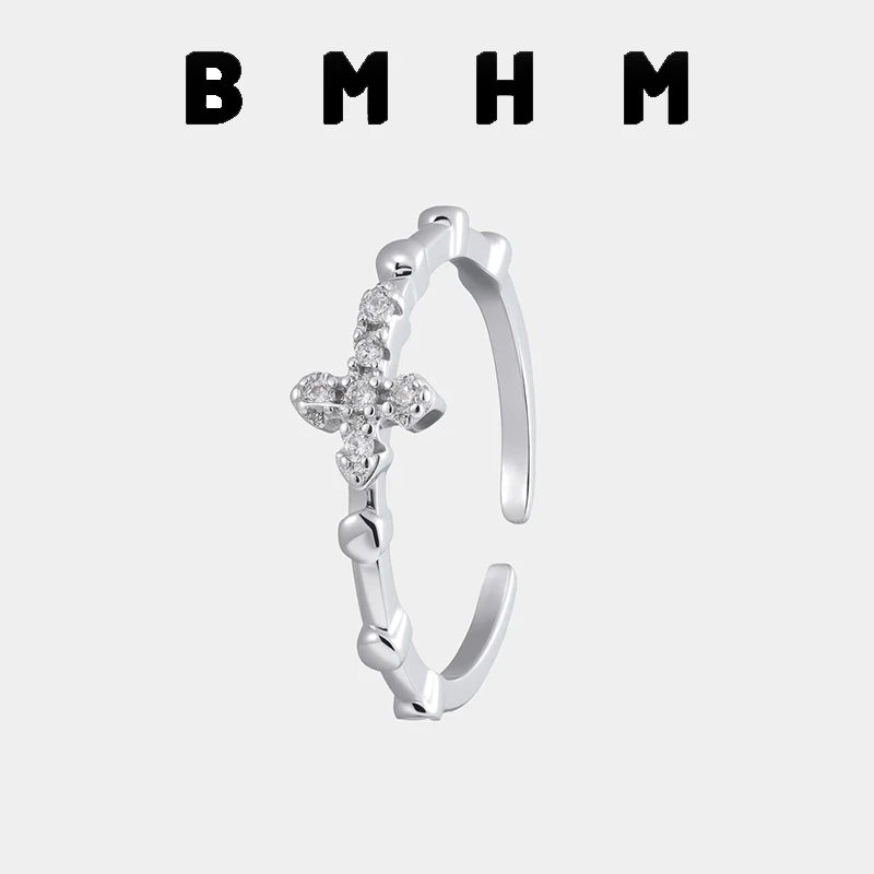 BMHM 铜合金戒指 十字架戒指镶钻开口高级感设计小众轻奢ins风格