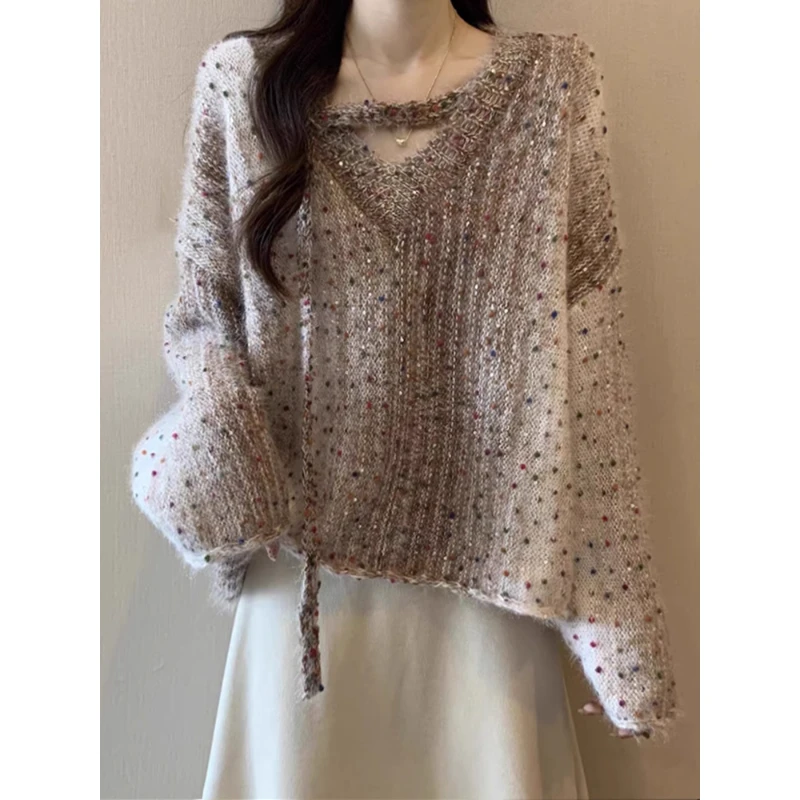 纯色女装法式高级感波点毛茸V领针织毛衣女秋冬内搭宽松气质上衣