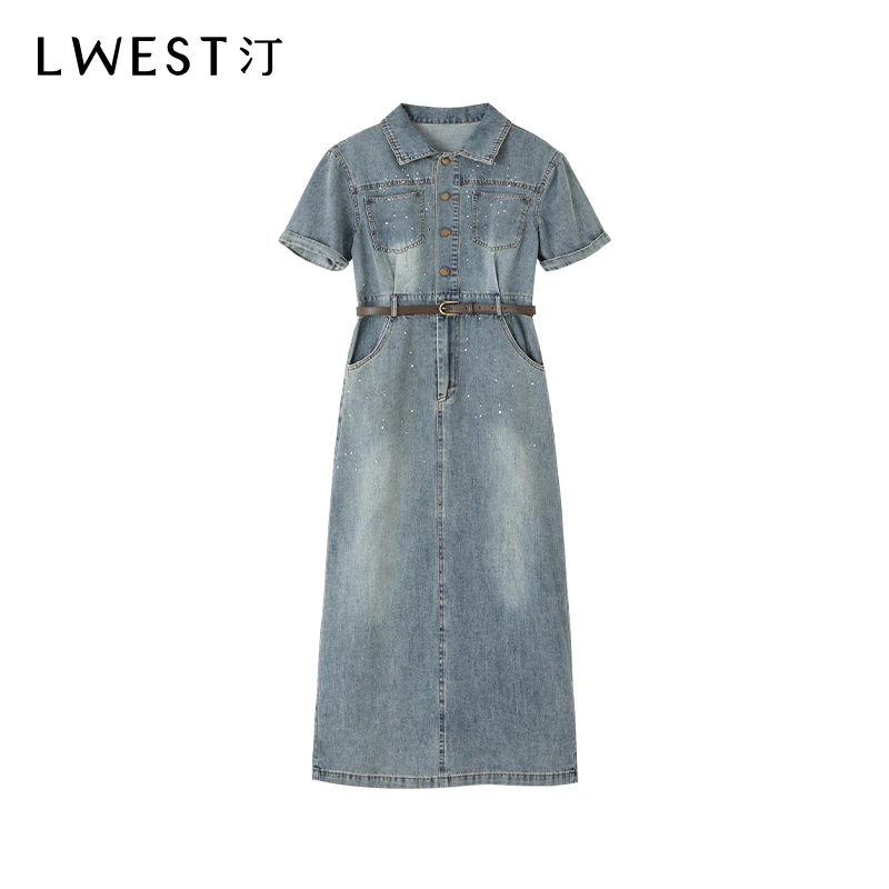 朗文斯汀2025夏新款复古翻领烫钻收腰牛仔连衣裙DTML4306D12537