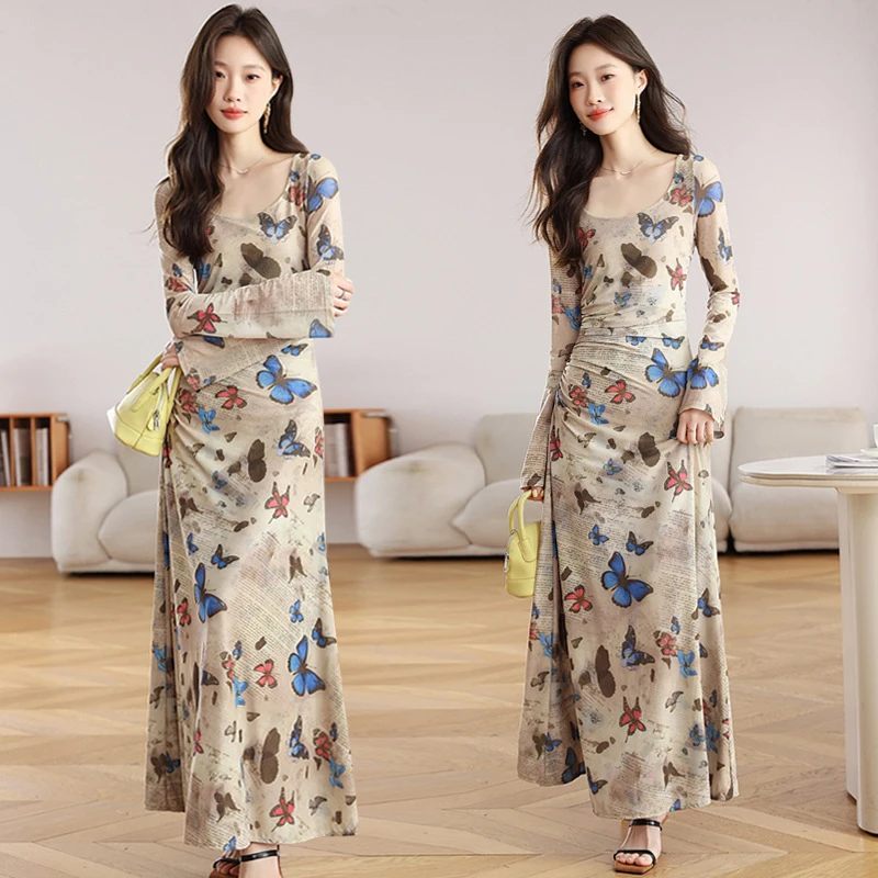 ydy8566复古蝴蝶印花连衣裙女2025秋冬抽褶收腰性感修身包臀长裙