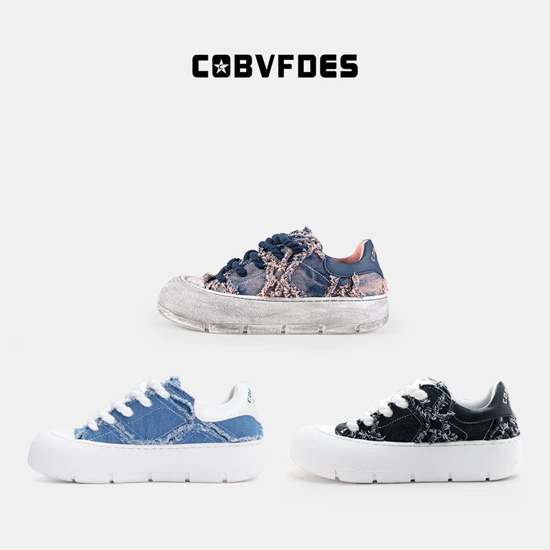 COBVFDES X Gemini series联名情侣款牛仔复古拼接爆款厚底增高鞋
