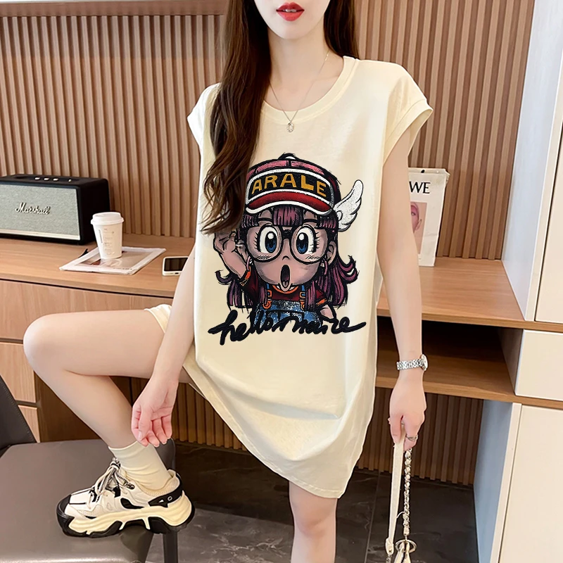 夏季时尚潮流百搭无袖T恤裙女韩版宽松大码显瘦卡通印花背心上衣