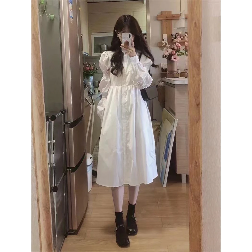 法式白色长袖衬衫连衣裙子女春秋季小香温柔风长裙
