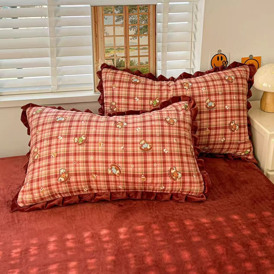 高货推荐-组合枕套-全棉双层纱花边款豆豆枕套48*74一对装