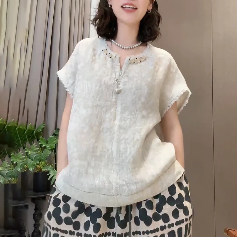 韩版圆领短袖衬衫女生2025年夏季新款时尚百搭钉珠设计感洋气上衣