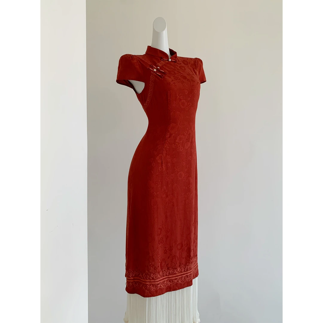 【绯月】新中式红色改良旗袍优雅显瘦气质蕾丝短袖中国风连衣裙