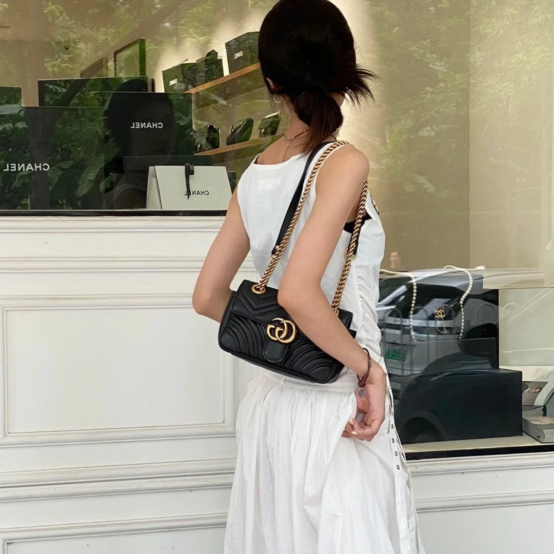 未使用 GUCCI/古驰 marmont22黑金老款链条包/优品