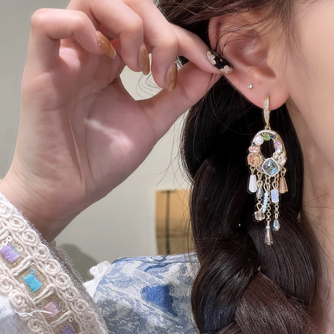 合金仿水晶耳饰 复古风树叶串珠流苏耳环民族风时尚百搭耳钩设计