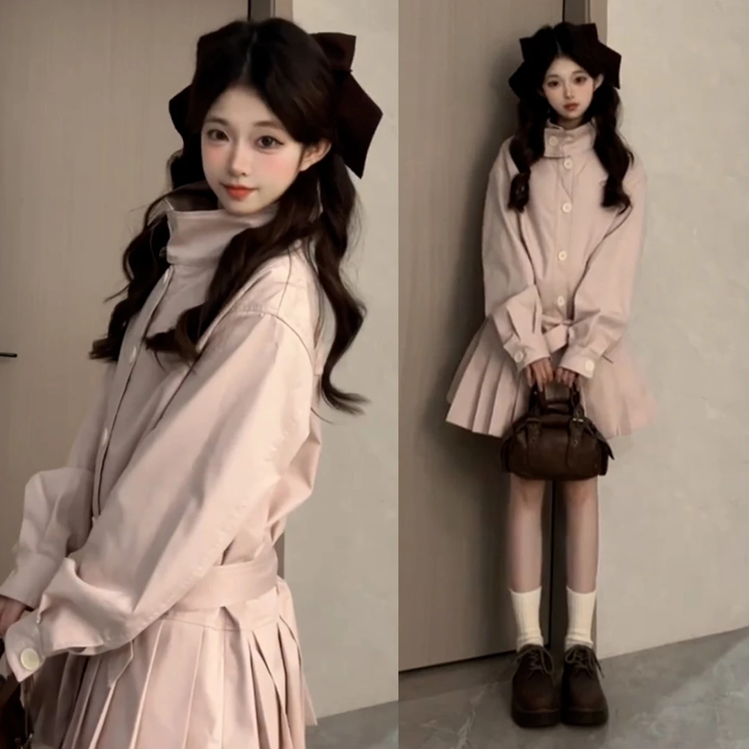 学院风甜美漂亮立领连衣裙女装秋冬季2025新款韩系氛围感粉色长裙