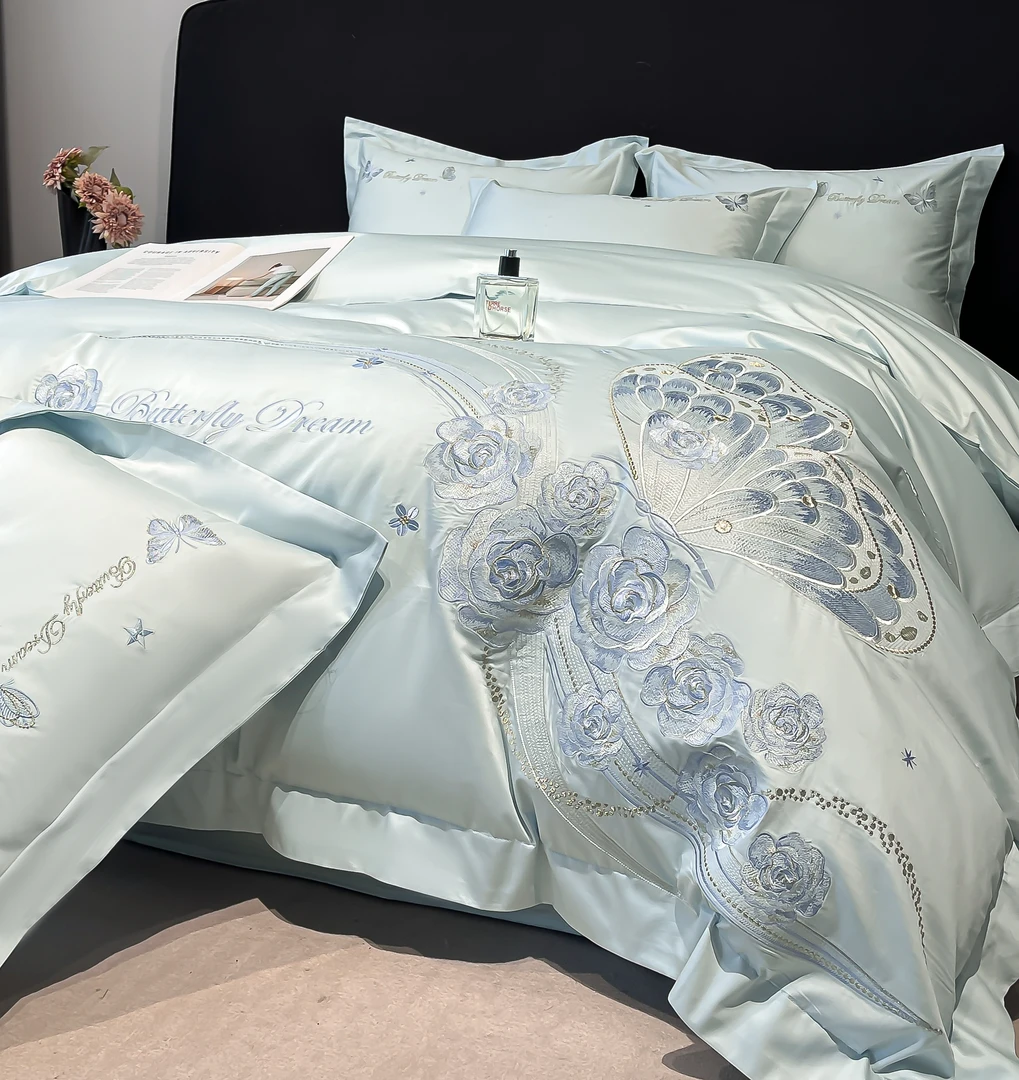 富安娜A类夏季新款欧式冰丝刺绣四件套丝滑裸睡凉感高档床上用品