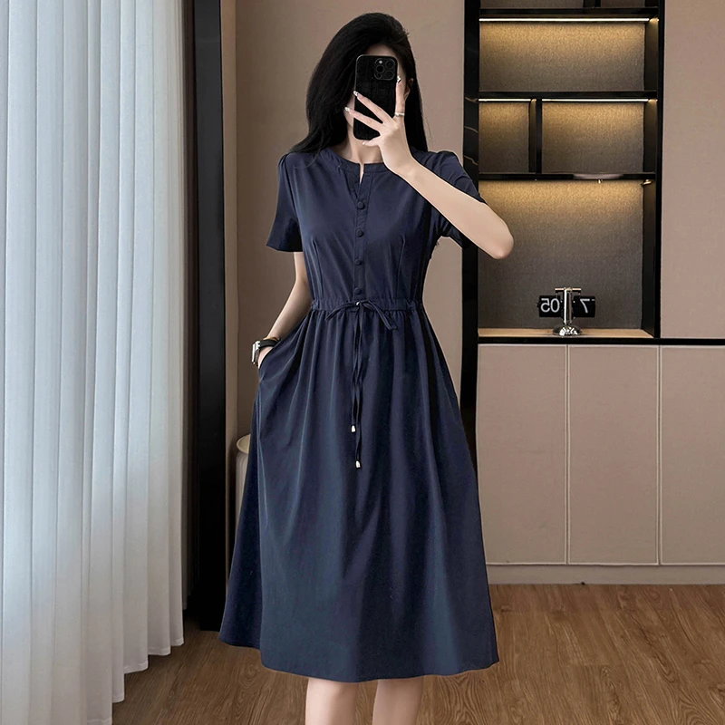 夏新品连衣裙气质显瘦修身女装时尚打底收腰洋气中长款短袖藏蓝色