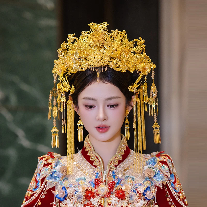 合金婚庆饰品 新娘头饰金色花朵凤凰奢华凤冠流苏发钗套装MT0101