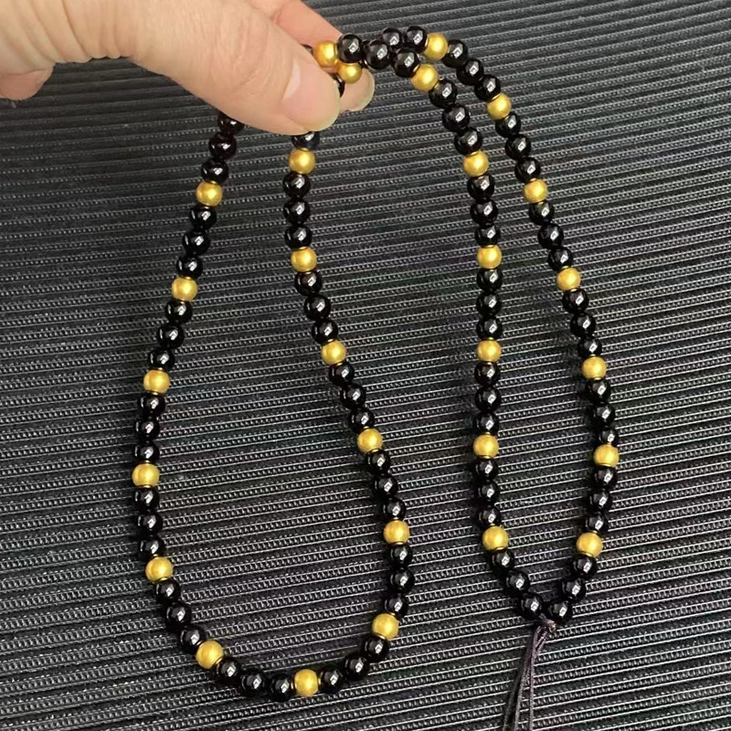 黄金转运珠项链玛瑙路路通999足金黑色挂链光面金珠款珠链