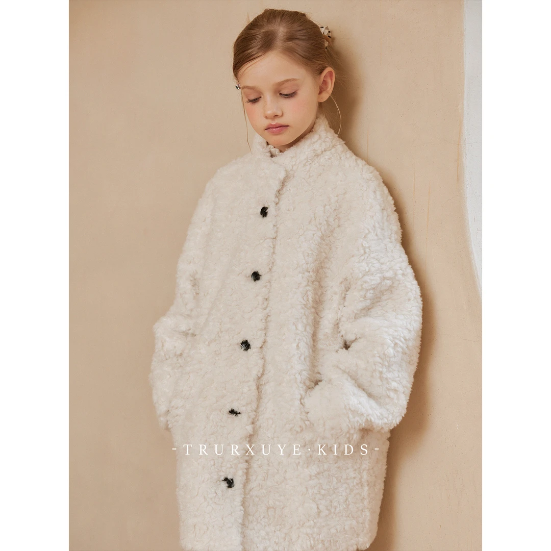初煦童装秋冬冬季羊羔毛外套中长款皮毛一体保暖加厚立领大衣