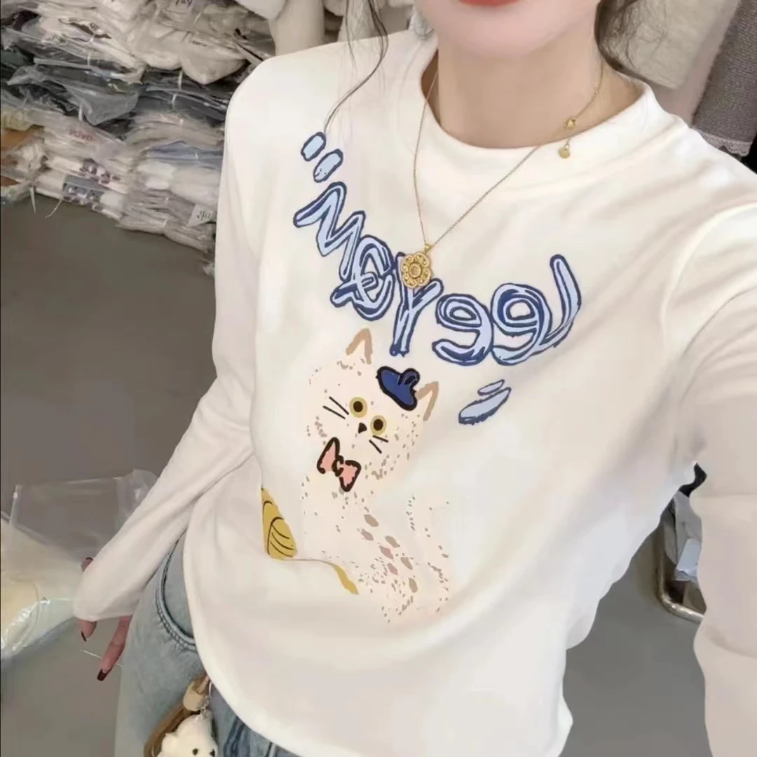 新款冬季百搭卡通猫咪印花圆领长袖T恤女上衣