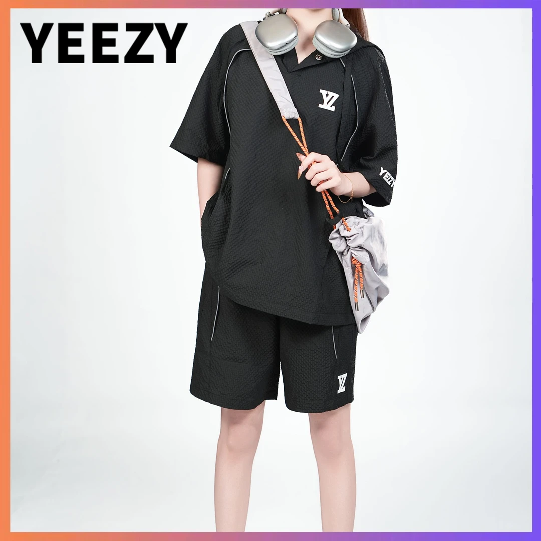 YEEZY男士休闲套装运动夏季情侣百搭宽松时尚翻领连帽撞色复古