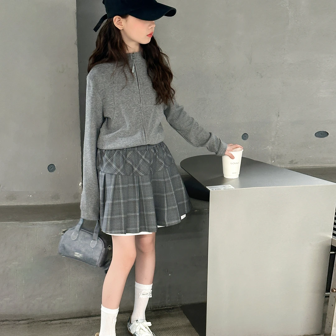 女童套装春秋2025新款中大童长袖开衫上衣韩版格子短裙两件套洋气