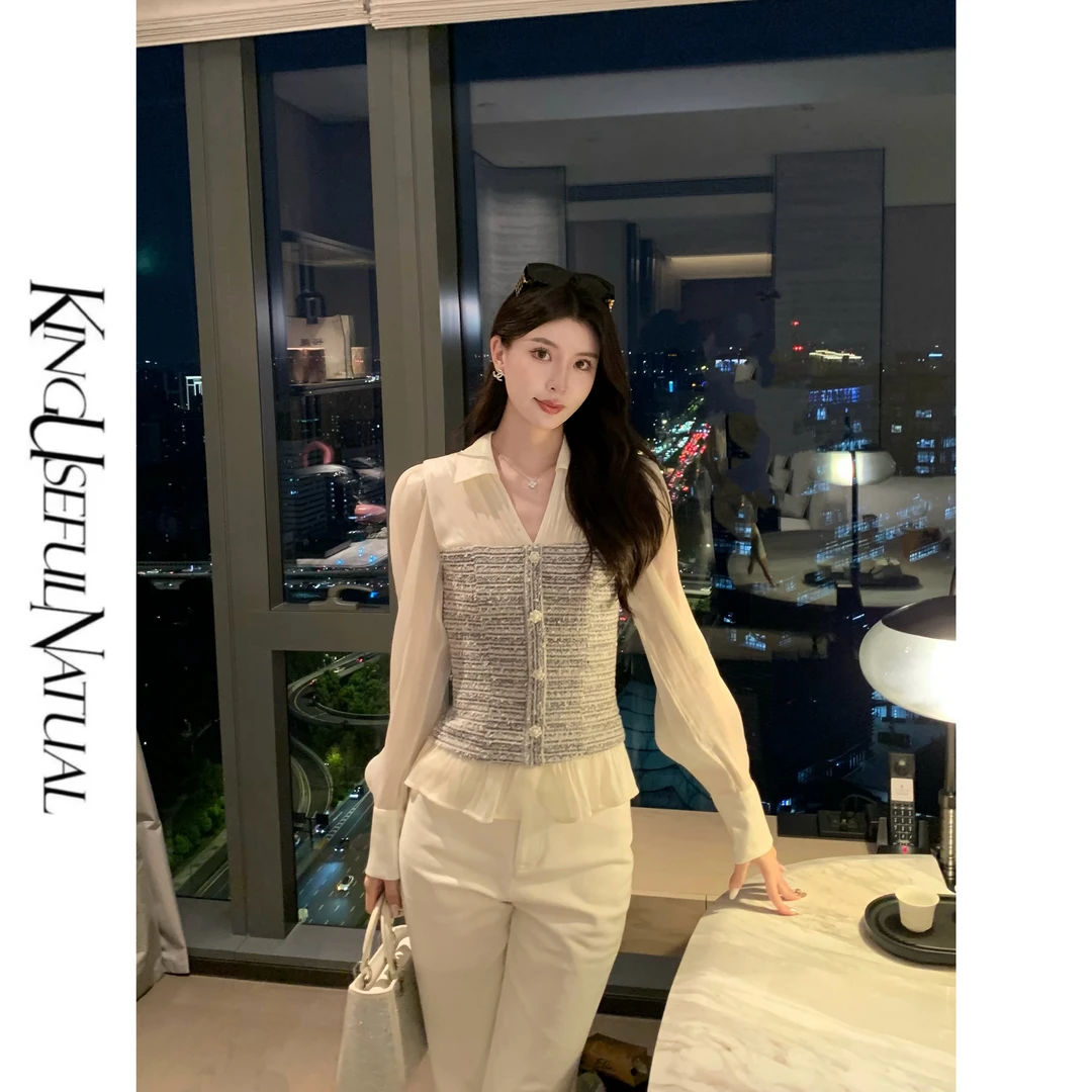 KUN【济州oni】勾勒曲线 针织小香拼珠光显瘦秋季百搭衬衫上衣