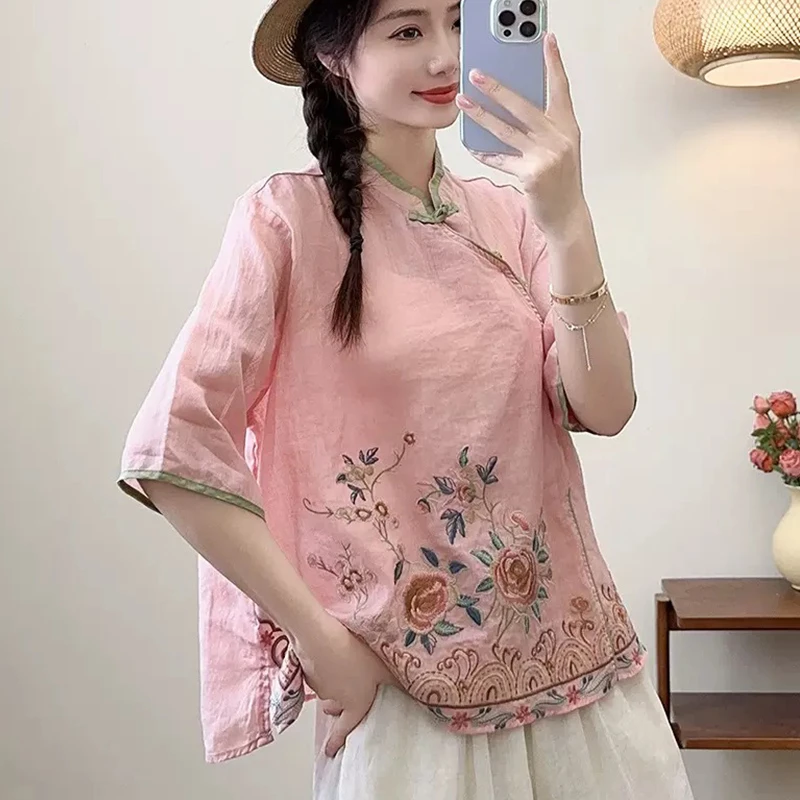 复古盘扣苎麻内里包边刺绣改良版衬衫女夏文艺国风新中式上衣
