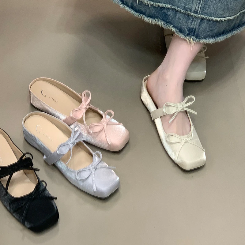 芭蕾舞包头拖鞋蝴蝶结内增高浅口通勤外穿2025年新款