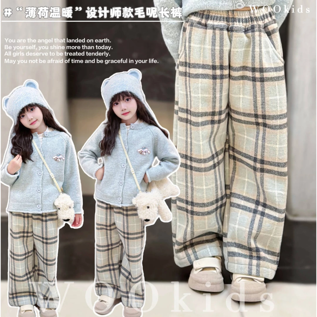 现货-WOO【薄荷暖呼呼】兄妹装新款设计师加绒格子卫裤 W24091002