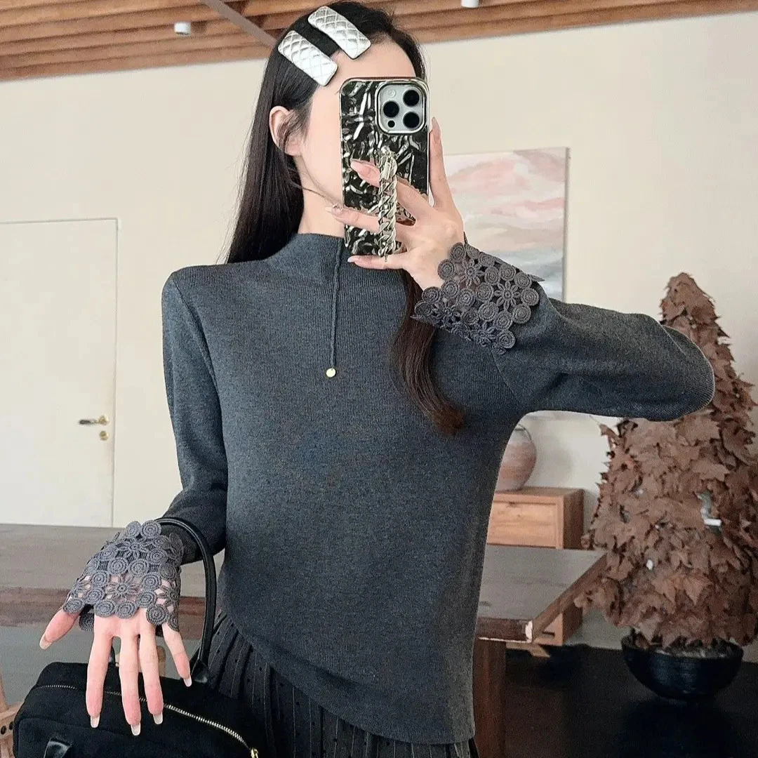修身弹力高级感小众蕾丝袖口拼接高领针织衫时尚内搭打底衫K8016
